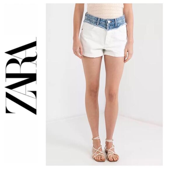 NWT Zara Blue & White Color Block Distressed Button Fly Denim Shorts, Size 0 - Picture 1 of 12